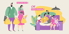 家长们在店里购物, 或者和孩子坐在沙发上买东西。一套可爱的卡通插图。现代技术促进了日常工作