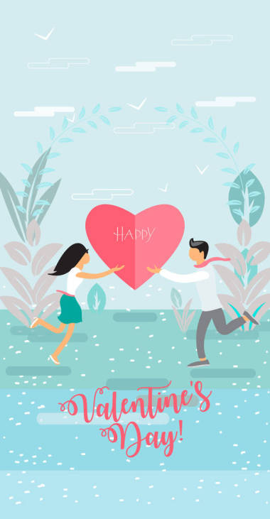 现代艺术抽象海报设计。爱就在空气中!迷人的情侣、年轻的男女春园景观、装饰花、粉色的心切纸。美丽的浪漫水彩时尚优雅情人节母亲婚礼卡, 平