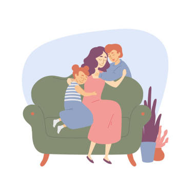 幸福的家庭母亲拥抱孩子的女儿和儿子兄妹的爱, 幸福