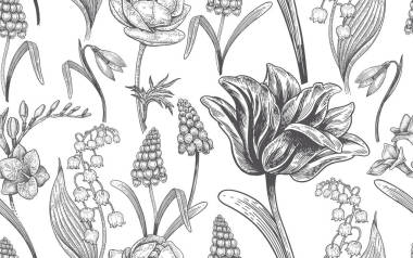 春天的花朵?；◤?fù)古無(wú)縫圖案。東方風(fēng)格。郁金香, 毛茛, muscari, 小蒼蘭, ?？? 山谷百合, 雪花蓮, 非洲百合。背景為紡織品, 紙, 墻紙