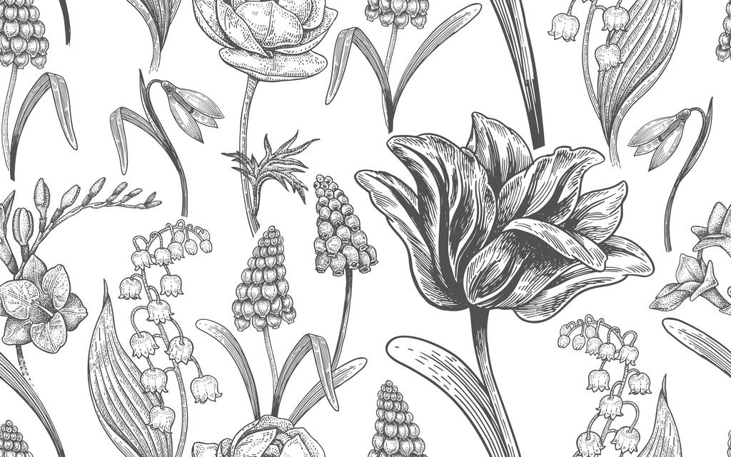 春天的花朵。花复古无缝图案。东方风格。郁金香, 毛茛, muscari, 小苍兰, 海葵, 山谷百合, 雪花莲, 非洲百合。背景为纺织品, 纸, 墙纸
