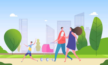 家庭步行城市街道。卡通的母親, 父親和孩子們一起在城市景觀。周末在城市向量例證
