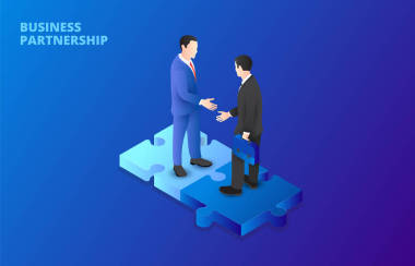 商人在拼圖上握手。伙伴關(guān)系概念。等向矢量圖解