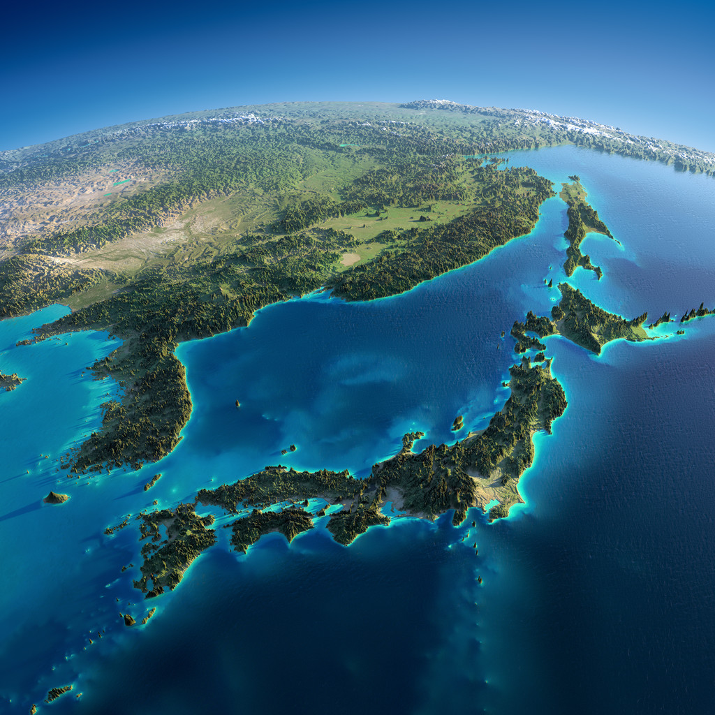 详细的地球。日本和韩国