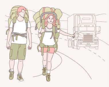 男人和女人與背包捕捉交通旅行  