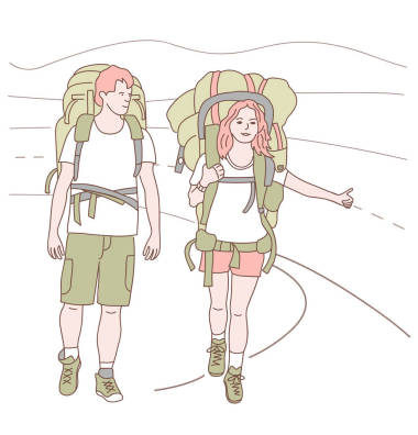 男人和女人与背包捕捉交通旅行  