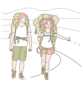 男人和女人与背包捕捉交通旅行  