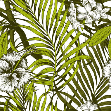 無縫的熱帶模式。留下棕櫚樹例證?，F(xiàn)代圖形。普盧梅利亞花. 