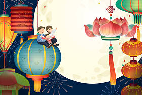 彩灯节配有五颜六色的传统灯笼和满月风光, 可爱的手绘风