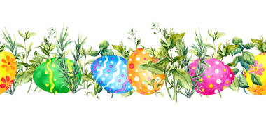 裝飾彩色復(fù)活節(jié)彩蛋隱藏在春天的綠草。水彩重復(fù)邊框