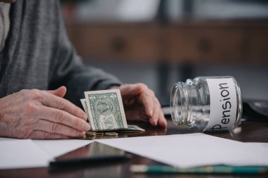 畫面上是一位老人坐在桌子上，手里拿著錢和玻璃瓶，上面寫著"pension"