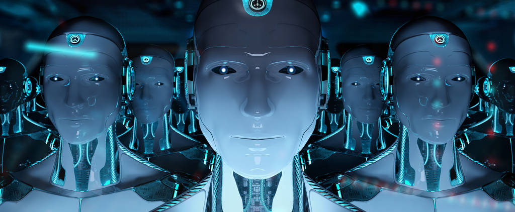 小组男性机器人跟随领导电子军队3d 渲染