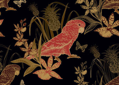 无缝矢量模式。鹦鹉、菠萝、兰花和蝴蝶