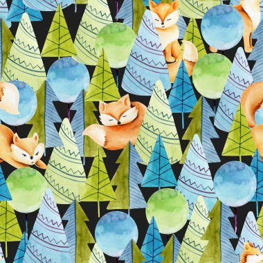 水彩画可爱的狐狸和简单的云杉无缝图案, 手绘在黑暗的背景 