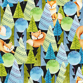 水彩画可爱的狐狸和简单的云杉无缝图案, 手绘在黑暗的背景 