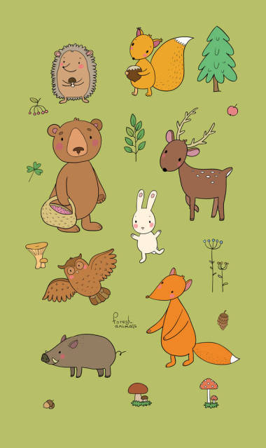 森林里的動物配以可愛的卡通熊、狐貍、野兔和松鼠、貓頭鷹和鹿。兒童設(shè)計-向量