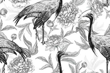 花卉無(wú)縫模式與鶴和花牡丹。黑色 a