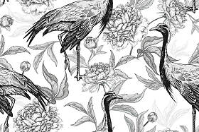 花卉无缝模式与鹤和花牡丹。黑色 a