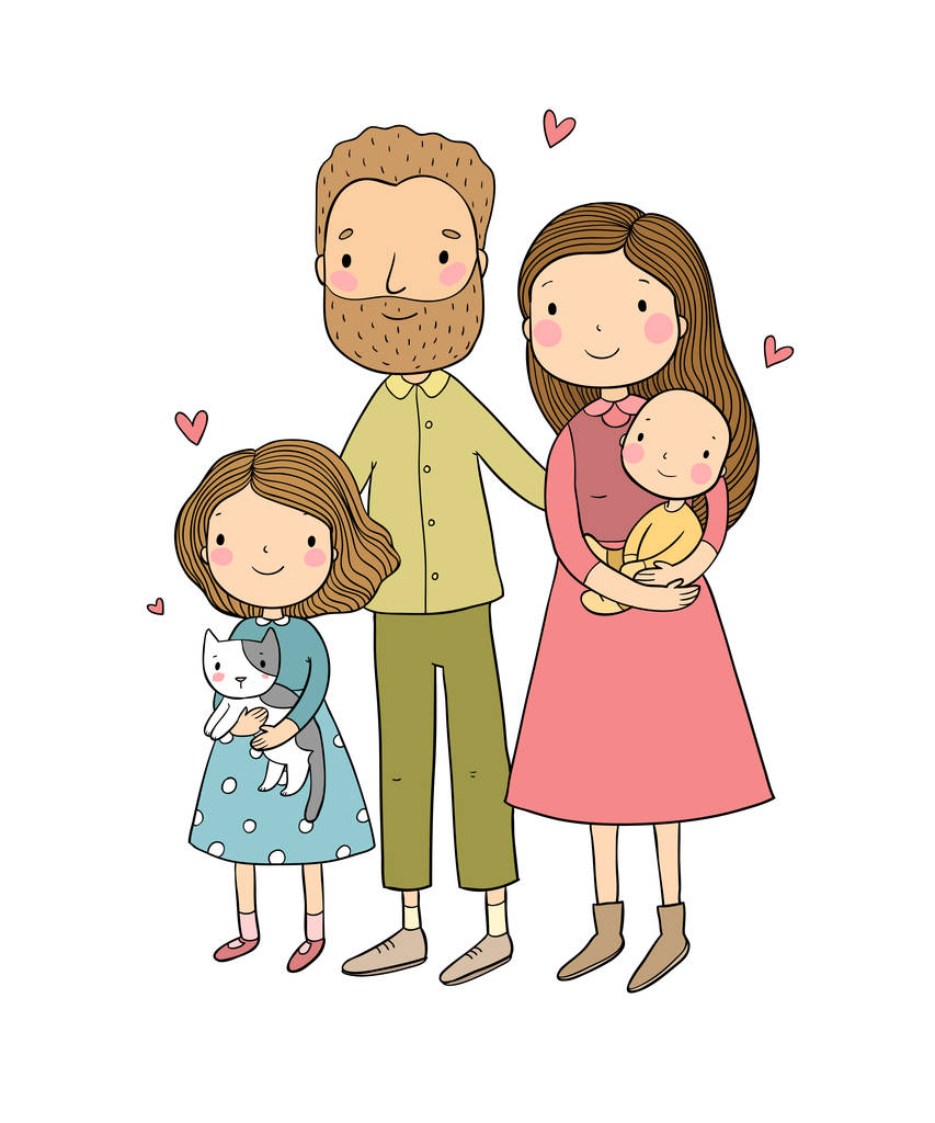 一个幸福的家庭。有孩子的父母。可爱的卡通爸爸, 妈妈, 女儿和儿子