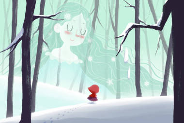  小女孩在紅帽走在森林中遇見冬季仙女。逼真的夢幻般的卡通風(fēng)格藝術(shù)作品場景，壁紙，故事背景，卡設(shè)計 