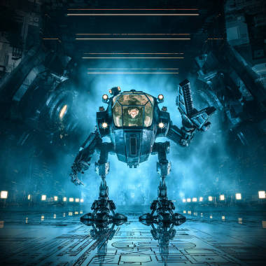 裝載機(jī)MECH / 3D科幻場景，一個女宇航員在黑暗的工業(yè)飛船走廊里控制一個重型機(jī)械機(jī)器人