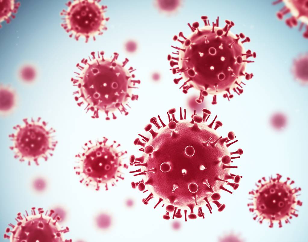 在蓝色背景上隔离的病毒。3d 插图。H1n1