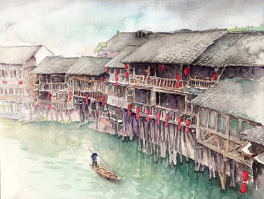水鎮(zhèn)，中國。水彩藝術(shù)品 圖片