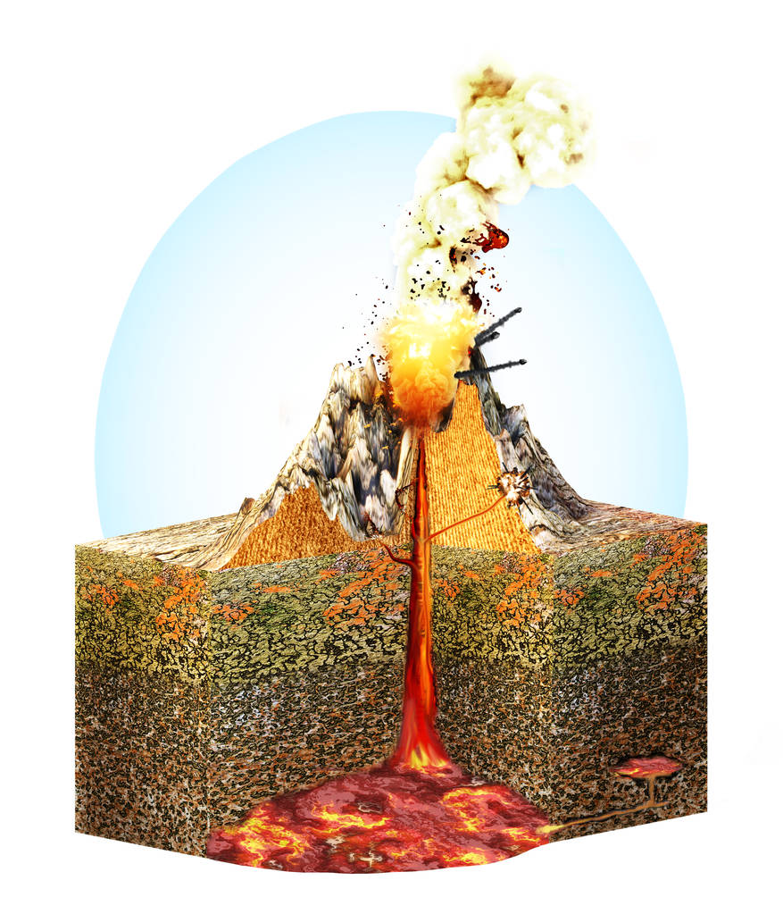 火山的部分, 结构方案和地形的部分, 3d 渲染