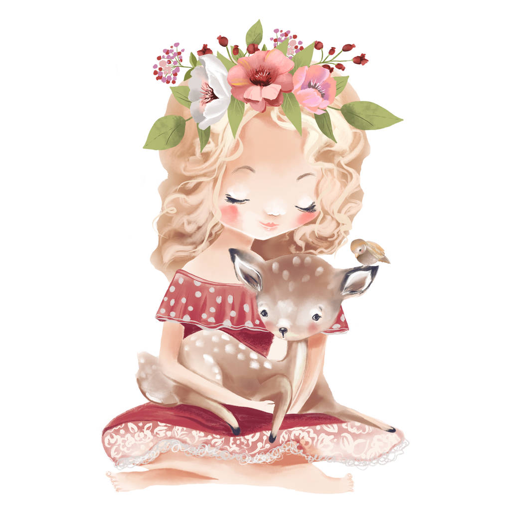 可爱的女孩与花, 花花圈和鹿, 小鹿和鸟