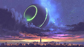 从城市上空的乌云中走出的不明飞行物与摩天大楼, 数字艺术风格, 插图绘画