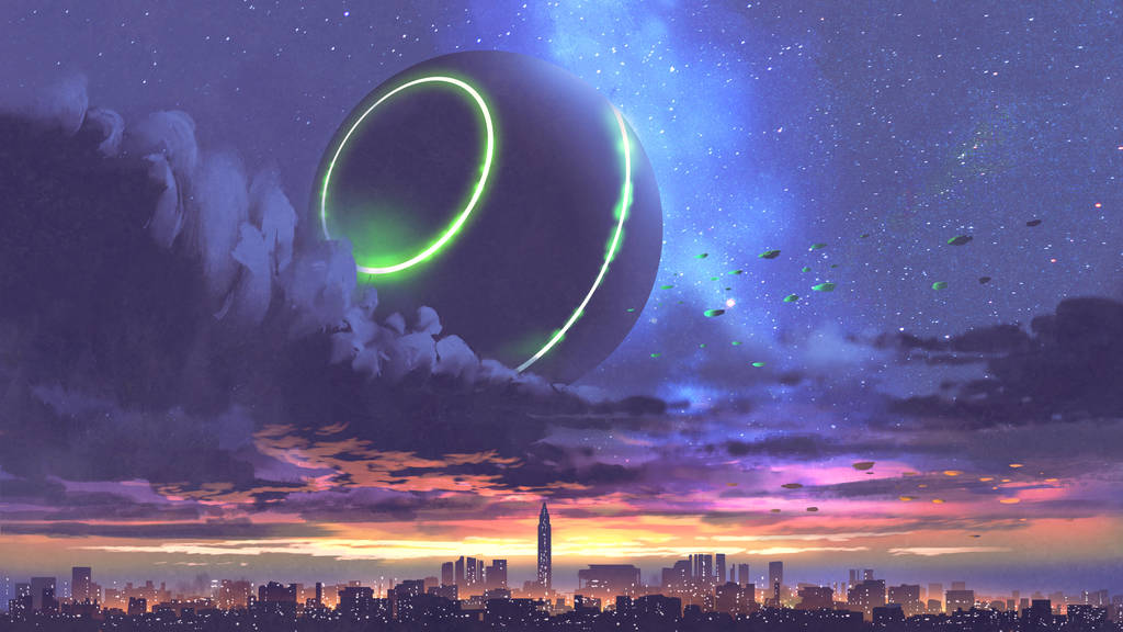 从城市上空的乌云中走出的不明飞行物与摩天大楼, 数字艺术风格, 插图绘画