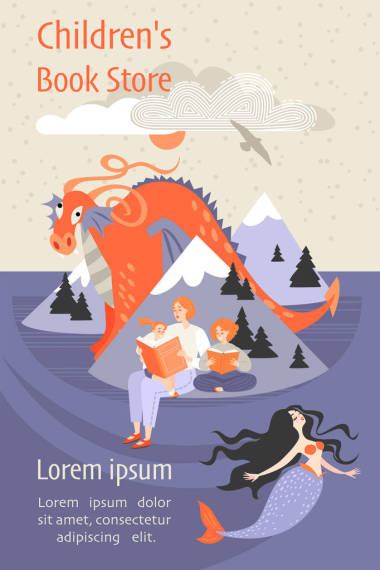 一家兒童書(shū)店的橫幅, 一家一家人坐在海灘上看書(shū), 還有精彩的角色