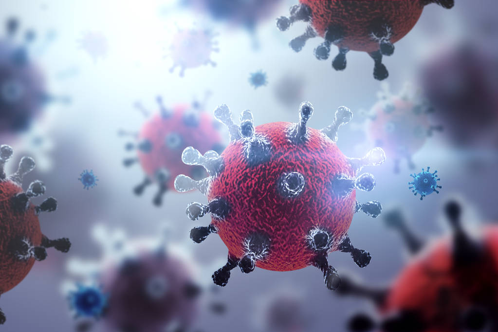 创意背景, 病毒分子特写在体内, 灰色背景。概念生物学、实验、实验室、实验、量子世界。3d 插图, 3d 渲染