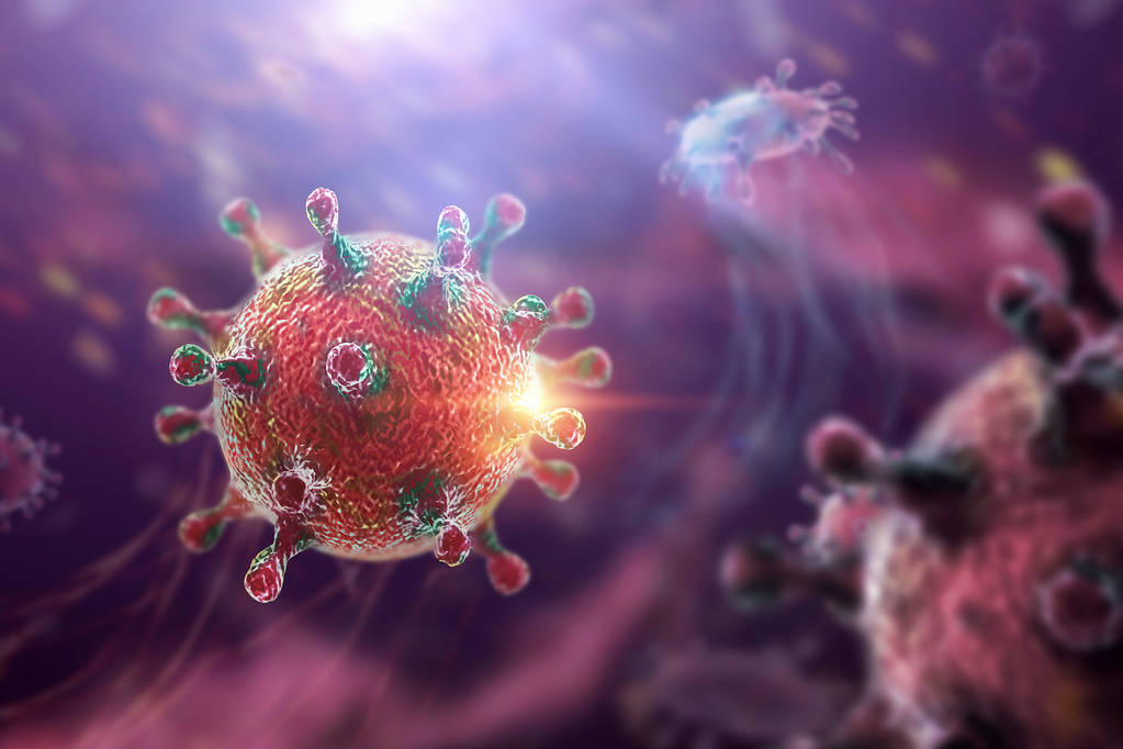 创意背景, 病毒分子特写在体内, 紫色背景。概念生物学、实验、实验室、实验、量子世界。3d 插图, 3d 渲染