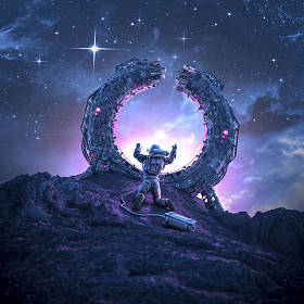 ?远离家园》/ 3D科幻场景，孤独的宇航员被困在一个破碎的远程传送门户外的星球上