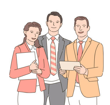 一群商业伙伴用微笑看着相机, 手绘风格矢量设计图解