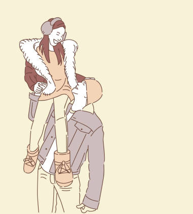 男人抱着女孩在他的肩膀, 手绘风格矢量设计例证 