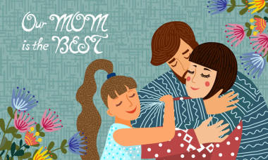 家庭日。可愛(ài)的平面卡通父親，母親和女兒與鮮花和文字。水平矢量