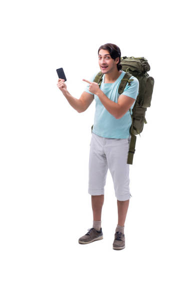 年轻英俊的游客孤立的白色 