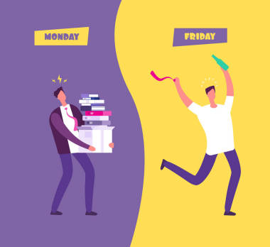 周五快樂(lè)的概念。商人在悲傷不堪的周一 vs 放松星期五。享受周末卡通矢量背景