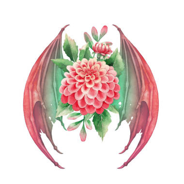 有翅膀的水彩大麗花在紅色顏色查出在白色背景