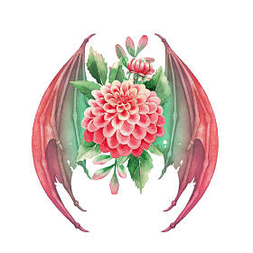 有翅膀的水彩大丽花在红色颜色查出在白色背景