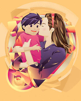 母亲节概念卡模板。母亲亲吻她的男孩与黄色背景