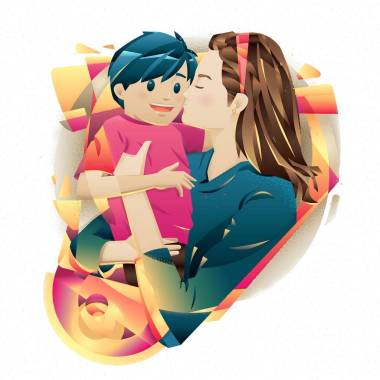 母親節(jié)插圖概念。母親親吻她的男孩與白色背景