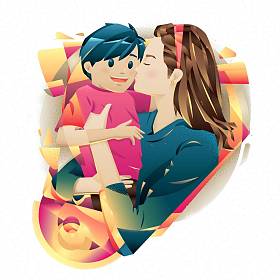 母亲节插图概念。母亲亲吻她的男孩与白色背景