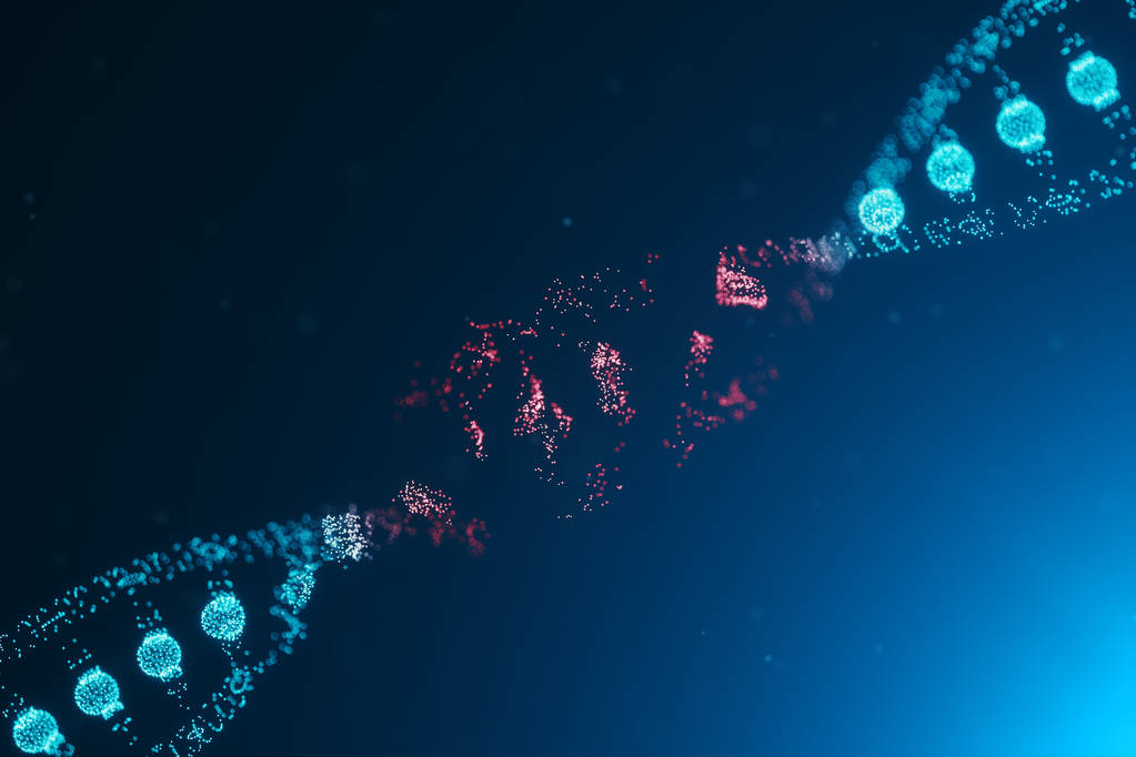 3d插图病毒Dna分子,结构。概念破坏了人类基因组代码。破坏Dna分子螺旋组成粒子,点。基因突变或实验造成的Dna破坏 3d插图病毒Dna分子,结构。概念破坏了人类基因组代码。破坏Dna分子螺旋组成粒子,点。基因突变或实验造成的Dna破坏