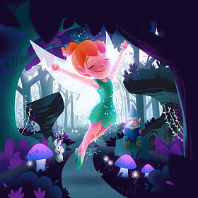 童话在森林插图与精灵，兔子和花