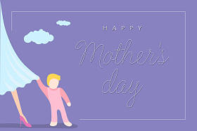 母亲节快乐贺卡。小宝宝紧贴着妈妈的裙子。紫色背景与祝贺文本。矢量插图美丽的女人和孩子