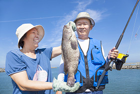亚洲高级夫妇捕鱼和显示大石斑