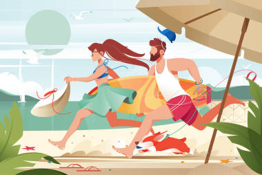 平面年輕男子與，沖浪板和女孩夫婦與科吉急于休息